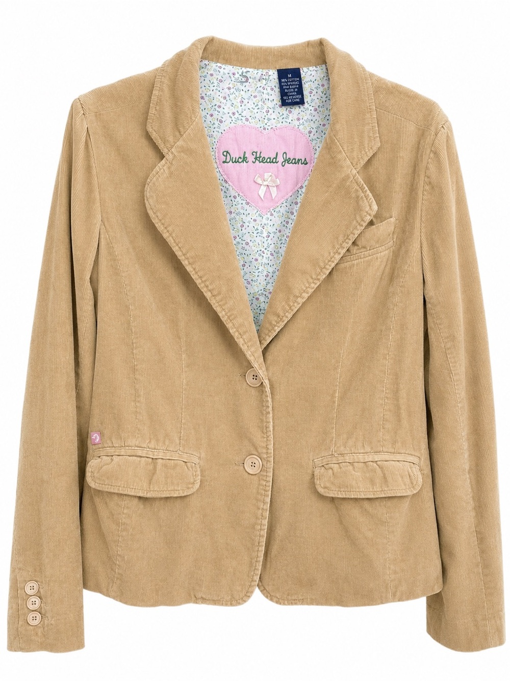 Duck Head Tan Corduroy Blazer Jacket Floral Lined Pink Heart Detail